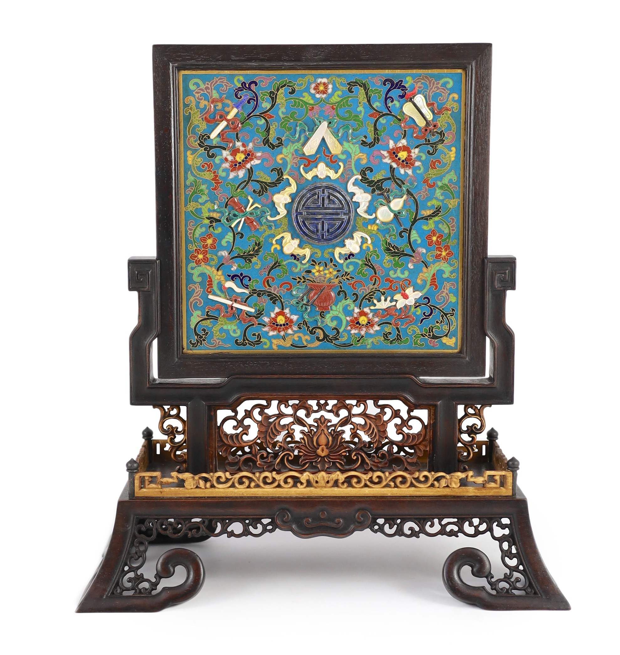 A Chinese cloisonné enamel, hardstone and mother-of-pearl mounted table screen, 42cm high 37cm wide, one foot lacking